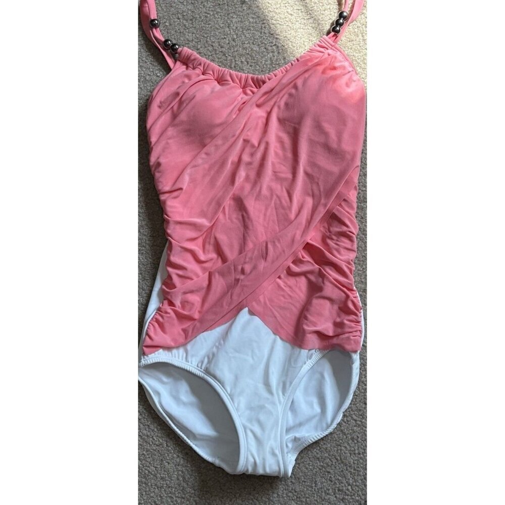 Venus 1 Piece Women’s Swimsuit Ruched Coral White Beaded Neck Accents Womens 8 - Picture 6 of 6